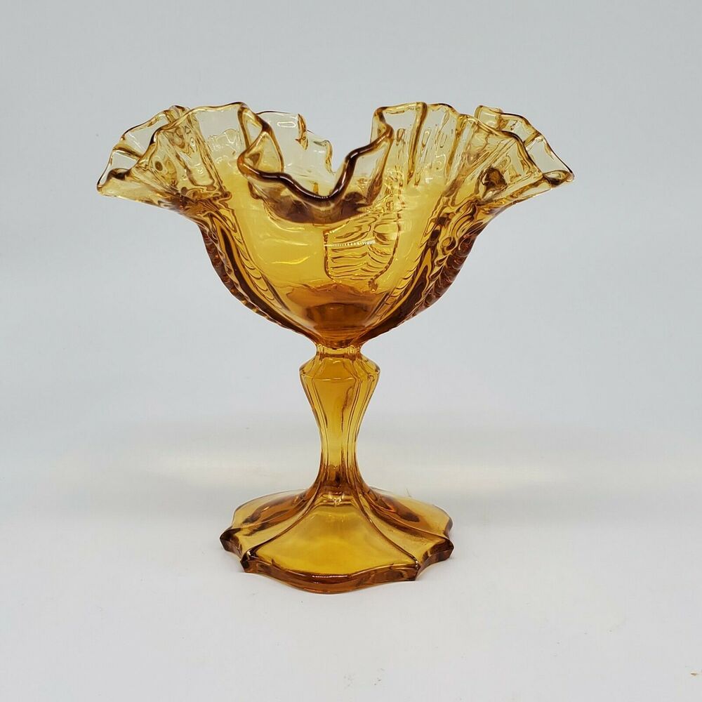 Fenton Colonial Empress Ruffled Gold Amber Colored Glass 1960's Pedestal Compote
